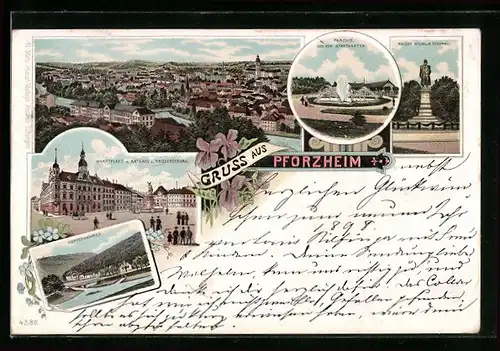 Lithographie Pforzheim, Totalansicht, Marktplatz mit Rathaus, Kaiser Wilhelm-Denkmal