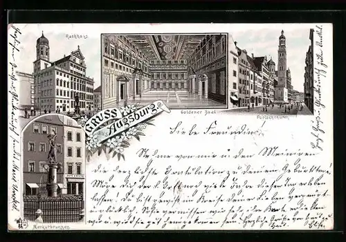 Lithographie Augsburg, Perlachthurm, Rathhaus, Goldener Saal, Merkurbrunnen