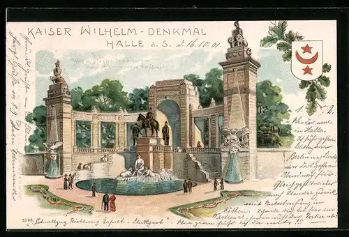 Lithographie Halle / Saale, Partie am Kaiser-Wilhelm-Denkmal