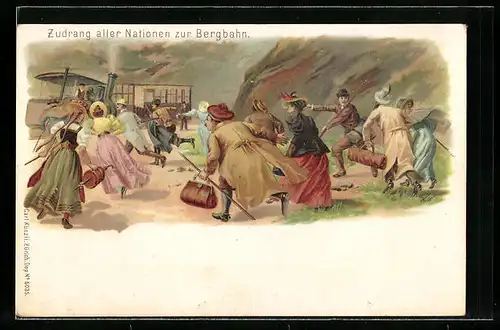 Lithographie Zudrang aller Nationen zur Bergbahn