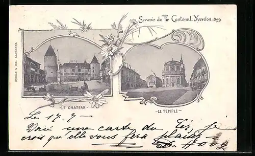Lithographie Yverdon, Tir Cantonal 1899, Le Chateau & Le Temple, Schützenfest