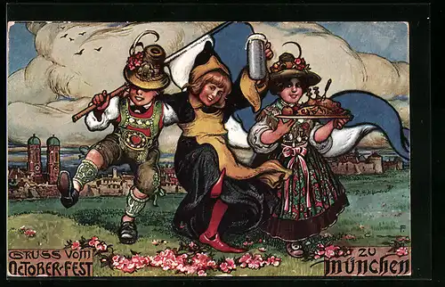 Künstler-AK München, Münchner Kindl zwischen Mann und Frau in Tracht