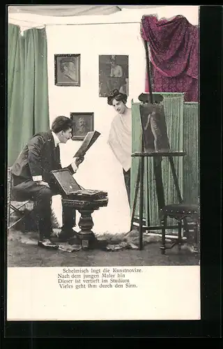 AK Schelmisch lugt die Kunstnovize, Nach dem junge Maler hin dieser ist vertieft im Studium ...