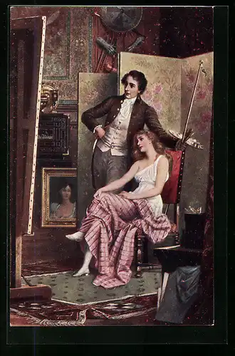 AK Maler mit seiner Muse im Atelier