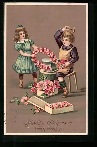 Präge-AK Kleiner Glücks-Hufschmied, Geburtstagsgruss