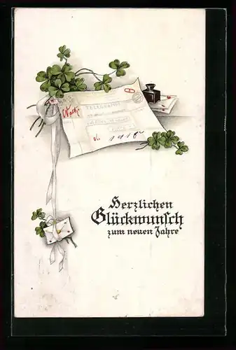 Künstler-AK Neujahrswünsche mit Telegramm und Glücks-Klee