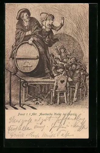 Künstler-AK Doktor Faustus auf dem Fass aus dem Keller geritten ist