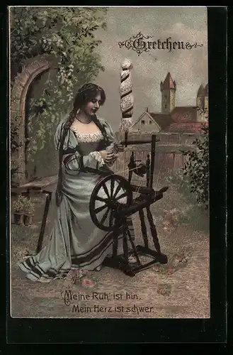 Präge-AK Mädchen am Spinnrad, Spinnerin