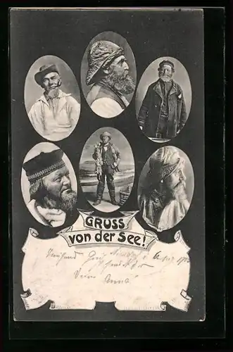 AK Gruss von der See, Seemänner im Portrait, Fischerei
