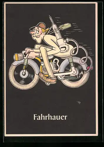 Künstler-AK sign. H. Moritz: bergmännische Begriffe karikiert aus Lustige Gezähekiste, Nr. 18: Fahrhauer