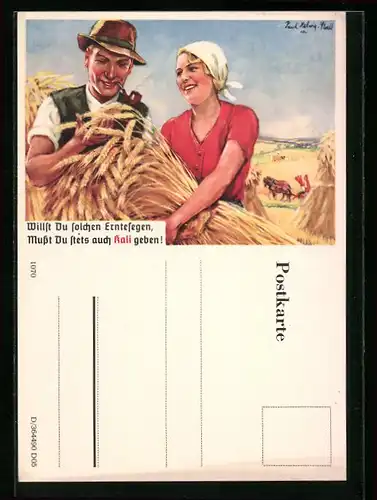 AK Reklame Kali, Mann und Frau bei der Getreideernte