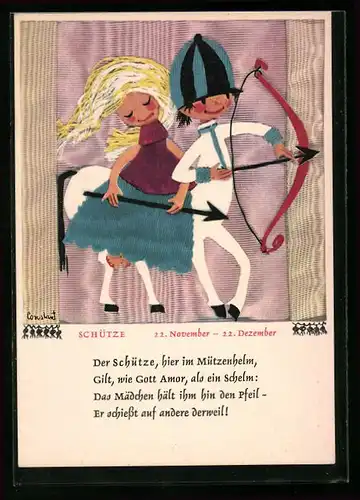 Künstler-AK Sternzeichen Schütze, Mädchen reicht einem Schützen den Pfeil