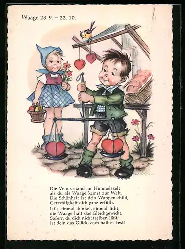 AK Sternzeichen Waage, Kinder mit Herzchen-Waage