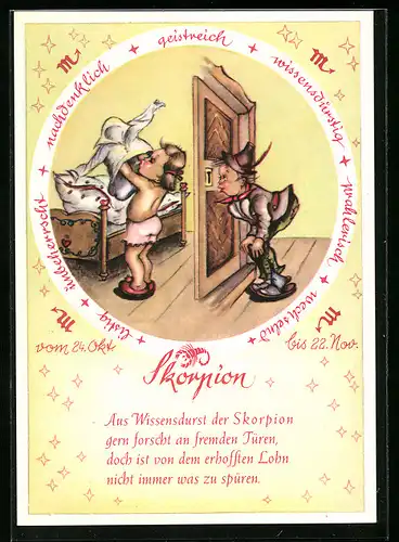 Künstler-AK Sternzeichen Skorpion, Junge beobachtet Mädchen durchs Schlüsselloch