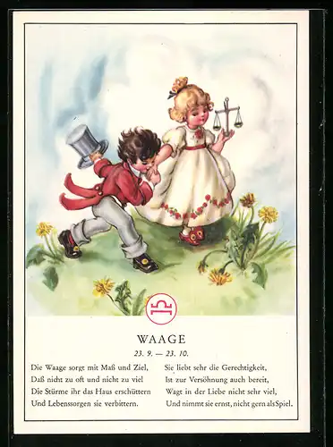 AK Sternzeichen Waage, Kleines Paar mit einer Waage