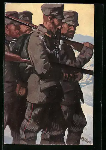 Künstler-AK sign. A. Sailer: Infanteriesoldaten im Winter