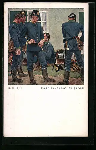 Künstler-AK sign. R. Mülli: Rast Bayerischer Jäger
