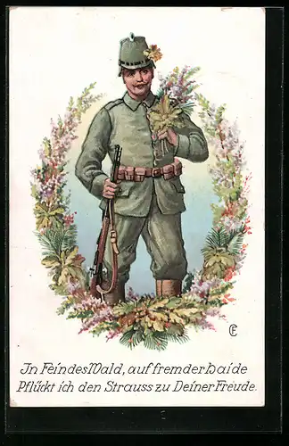 AK Deutscher Infanterist eines Jägerregiments mit Blumen