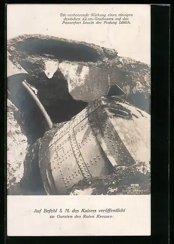 AK Trefferbild des Panzerfort Loucin der Festung Lüttich nach einem Schuss der deutschen 42 cm Artillerie