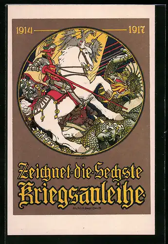 Künstler-AK sign. Berger: die sechste Kriegsanleihe, 1914-1917, Ritter zu Pferd