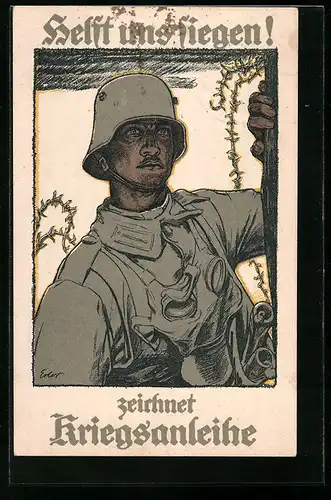 AK Helft und siegen! zeichnet Kriegsanleihe, Soldat in Uniform mit Gasmaske und Stahlhelm