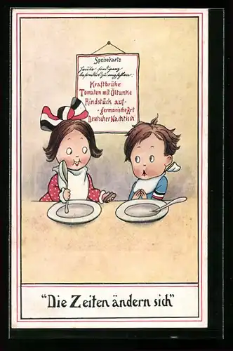 Künstler-AK Zwei kleine Kinder mit leeren Tellern vor sich, Kriegsnot