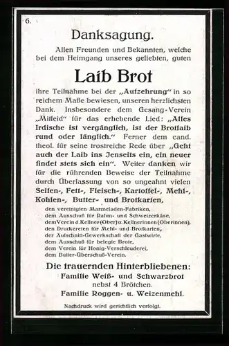 AK Danksagung an den geliebten Laib Brot in der Kriegsnot