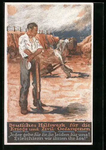 Künstler-AK Kriegsgefangene bei der schweren Arbeit