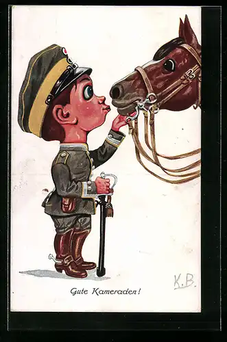 AK Gute Kameraden!, Kleiner Soldat mit seinem Pferd, Kinder Kriegspropaganda