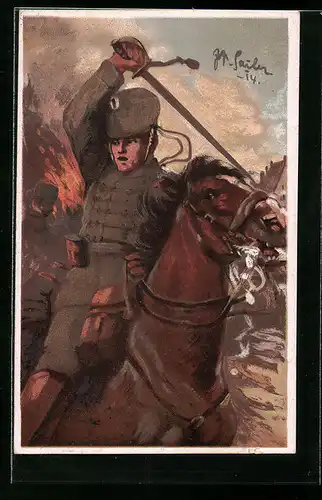 Künstler-AK Soldat der Kavallerie in Uniform kämpft mit dem Säbel im Gefecht