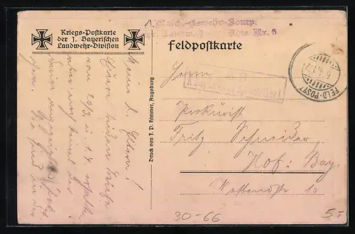 Künstler-AK Kriegspostkarte der 1. Bayer. Landwehr-Division, Gefreiter Bremer im Schützengraben