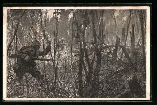 Künstler-AK Soldaten der Infanterie in den Wäldern Frankreichs