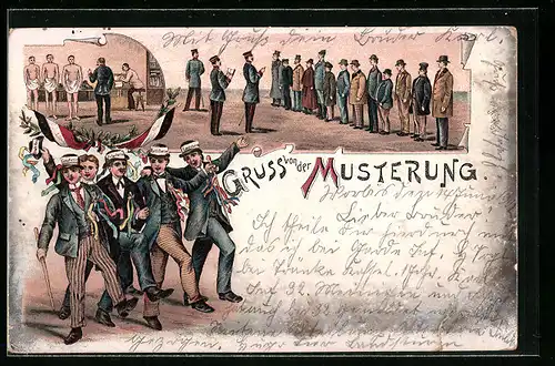 Lithographie Gruss von der Musterung, Junge Männer feiern den Erfolg ihrer Musterung