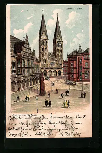 Lithographie Bremen, Platz mit Rathaus-Dom und Strassenbahn