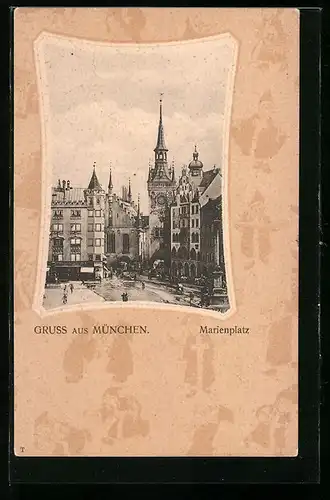 AK München, Marienplatz mit Denkmal