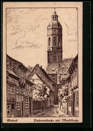 Künstler-AK Einbeck, Pastorenstrasse mit Marktkirche