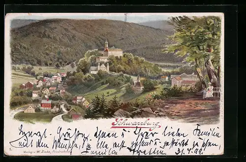 Künstler-AK Schwarzburg, Teilansicht und Baum