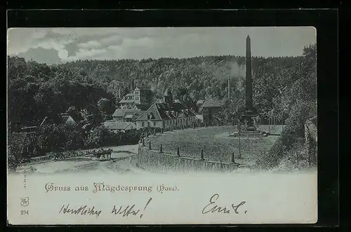 Mondschein-AK Mägdesprung /Harz, Strassenpartie mit Denkmal