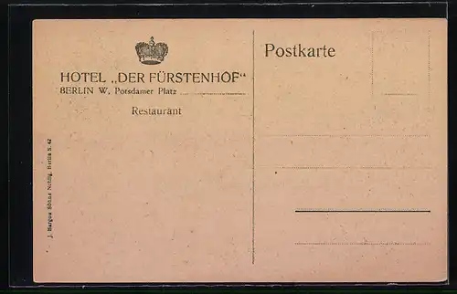 AK Berlin-Tiergarten, Hotel Der Fürstenhof, Restaurant, Innenansicht