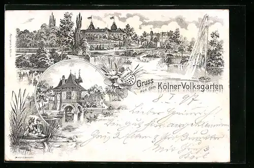 Lithographie Köln-Neustadt, Kölner Volksgarten, Haus am Bootsteich, Paar im Boot Amor