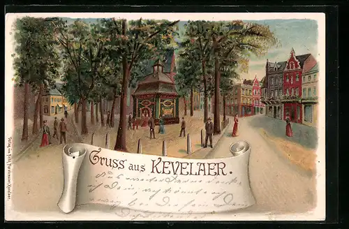 Lithographie Kevelaer, Strassenpartie mit Passanten
