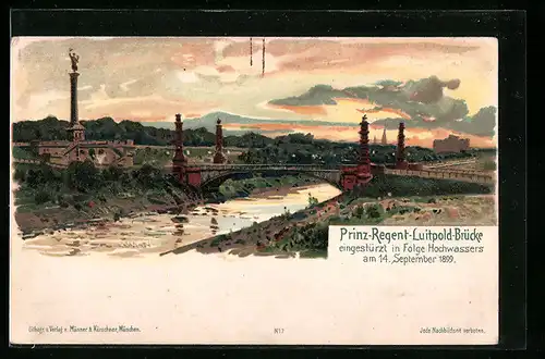 Lithographie München, Blick auf die Prinzregenten-Brücke