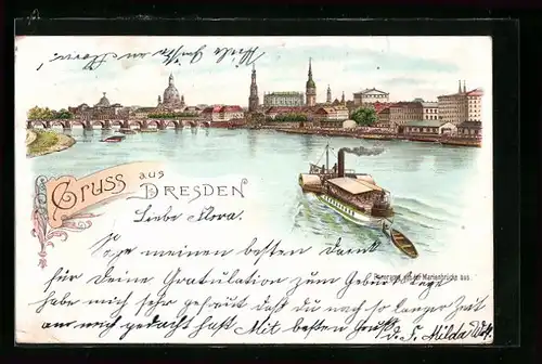 Lithographie Dresden, Panorama mit Dampfer von der Marienbrücke aus