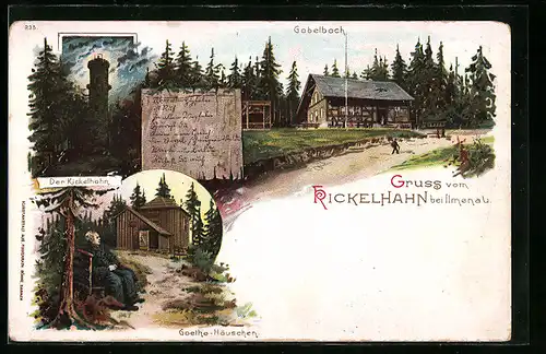 Lithographie Ilmenau, Gasthaus Kickelhahn, Goethe-Häschen, Gabelbach