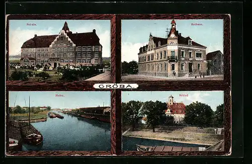 AK Gröba, Schule, Rathaus, Hafen, Schloss