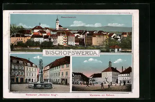 AK Bischofswerda, Restaurant Deutscher Krug, Marktplatz mit Rathaus, Gesamtansicht