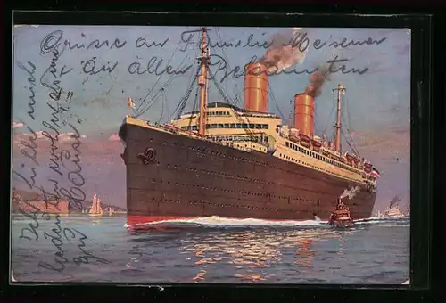 AK Passagierschiff, D. Columbus in langsamer Fahrt vor Küste