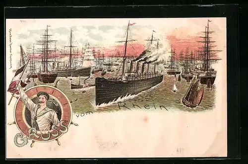 Lithographie Schiffsverkehr auf dem Rhein, Matrose im Rettungsring