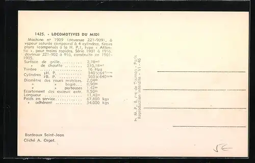 AK Locomotive du Midi, Machine No. 1909, französische Eisenbahn