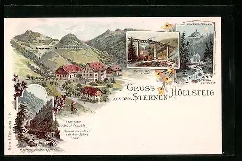 Lithographie Höllsteig, Gasthaus Sternen, Ravenna-Viaduct, Ravenna-Wasserfall